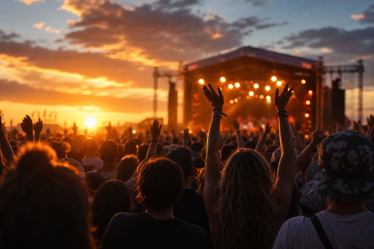 Iloinen festivaaliyleisö kädet ilmassa lavan edessä auringonlaskussa